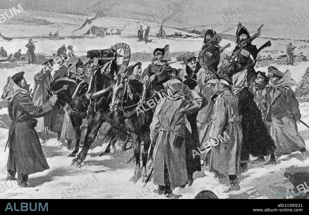 GUERRA RUSO-JAPONESA (1904-1905). Japón entró en guerra con Rusia con la finalidad de asegurarse intereses capitales en Corea y sur de Manchuria. "El general Kuropatkine visitando las avanzadas rusas en el Cha-Ho". (Dibujo de F. de Haenen sobre un croquis del natural). La Ilustración Artística. Siglo XX.