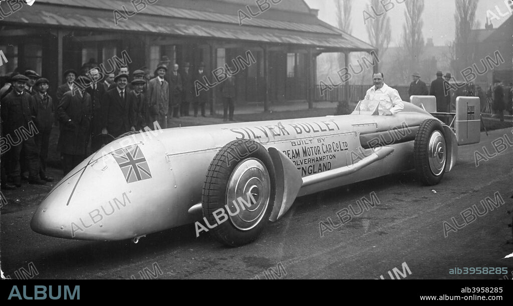 Kaye Don with the Sunbeam Silver Bullet, 1930.  This car was built to make an attempt on Henry Seagrave's Land Speed Record. The Silver Bullet was powered by two 12 cylinder engines designed to produce 4000 hp. Unfortunately the car was prone to catch fire, and after failing to get within 40 mph of Seagrave's 1929  mark of 231 mph in an attempt at Daytona Beach, Florida in 1930, Don abandoned the project.