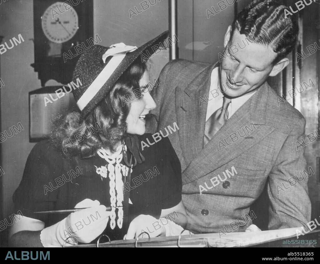 Hephzibah and fiance file intentions - A few hours after Lindsay Nicholas, heir to an Australian fortune, reached the side of his fiancee, Hephzibah Menuhin, Pianist and sister of the violinist, Yehudi Menuhin, at the end of the trip from London. The couple filed application for a license to wed. They will be married Saturday at the Menuhin home in Los Gatos, near San Jose, Calif. December 07, 1938. (Photo by Associated Press Photo).