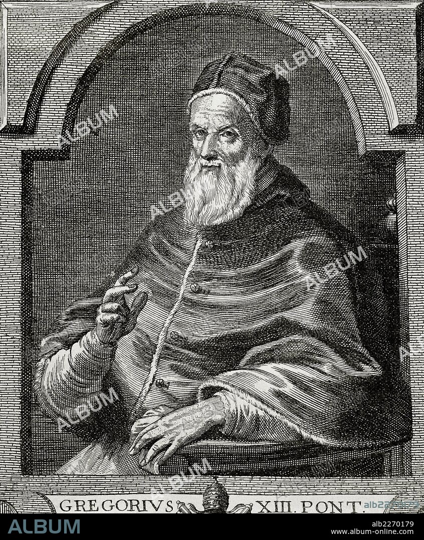 GREGORIO XIII (Bolonia,1501-Roma,1585). Papa italiano (1572-1585), de nombre Ugo BONCOMPAGNI. Nombrado cardenal y legado en España (1565). Reforzó la doctrina de la reforma tridentina. Promovió la creación de colegios, la reforma del Calendario Juliano (1582), la Contrarreforma en Alemania y editó el "Corpus Iuris Canonici". Grabado.