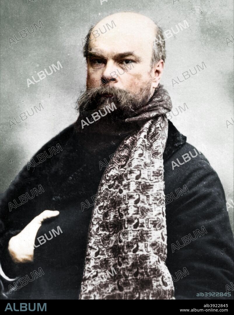 'Verlaine', c1893. Paul Verlaine (1844-1896), French lyric poet first associated with the Parnassians and later known as a leader of the Symbolists. With Stéphane Mallarmé and Charles Baudelaire he formed the so-called Decadents. From the 2e collection [Felix Potin, c1893]. (Colorised black and white print).