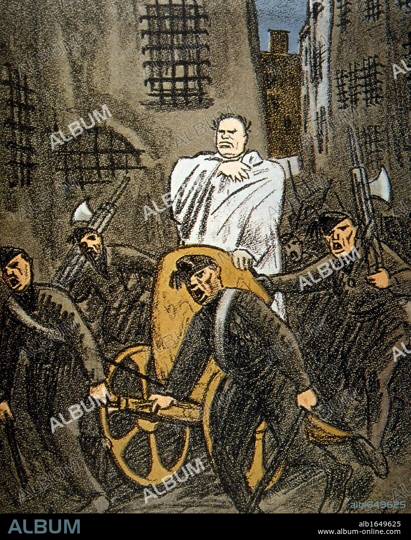 Triumph of Mussolini in Italy, 1925. Cartoon showing the Italian Fascist dictator Benito Mussolini (1883 - 1945) as Caesar, proclaiming that until all his enemies were defeated there could be no truly free Italy.