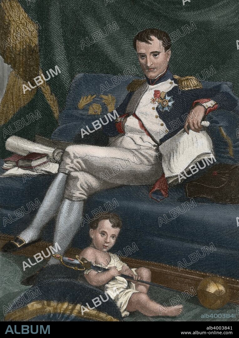 Napoleon I (Napoleon Bonaparte) (Ajaccio, Corsica,1769-St. Helena Island, 1821). French military leader and emperor of The French (1804-1815). Napoleon I and his son Napoleon II (1811-1832), called King of Rome. He never reigned. Engraving, Later colouration.