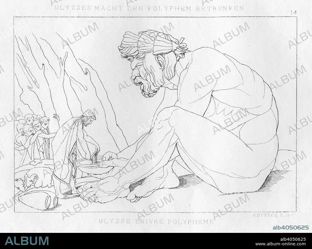 Odysseus drinking with Polyphemus, the cyclops, c1833. A scene from Homer's Odyssey.