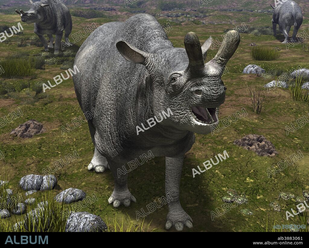 An Oligocene Brontotherium leaves his forest habitat in search of a vegetarian meal. 35 million years ago North America was home to brontotheres, a family of large herbivores that looked somewhat like giant rhinoceroses, but probably were more closely related to horses. Brontotherium ('thunder beast') was one such genus of these prehistoric mammals. Characterized by a massive forked or sling-shot shaped horn, Brontotherium stood about eight feet tall at the shoulder and weighed about two tons.
