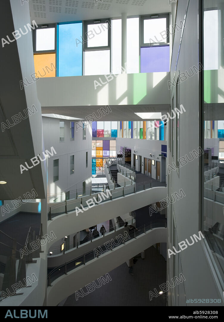 HEART OF HOUNSLOW-CENTRE FOR HEALTH ATRIUM VIEW WITH BRIDGES AND COLOURED GLASS.