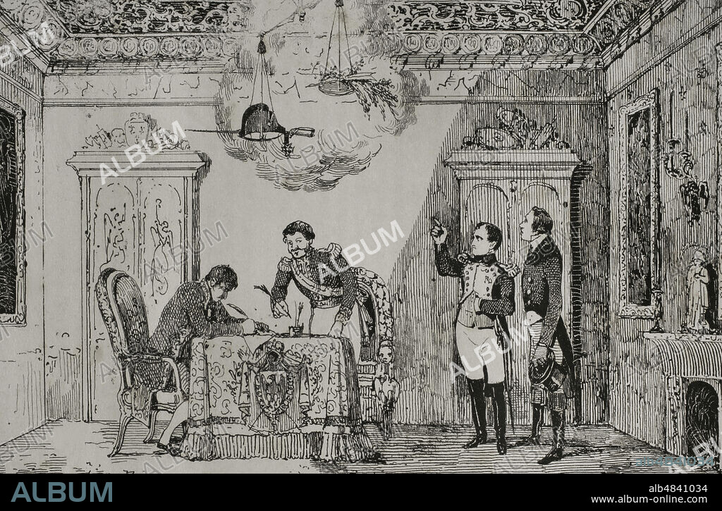 Francia. "Tratado de Fontainebleau". Firmado el 27 de octubre de 1807 entre Manuel Godoy y Napoleón Bonaparte. Se estipulaba la invasión militar conjunta franco-española de Portugal, aliada de Gran Bretaña, y se permitía el paso de las tropas francesas por territorio español. Grabado. Historia del Levantamiento, Guerra y Revolución de España, por el Conde de Toreno. Madrid,1851.