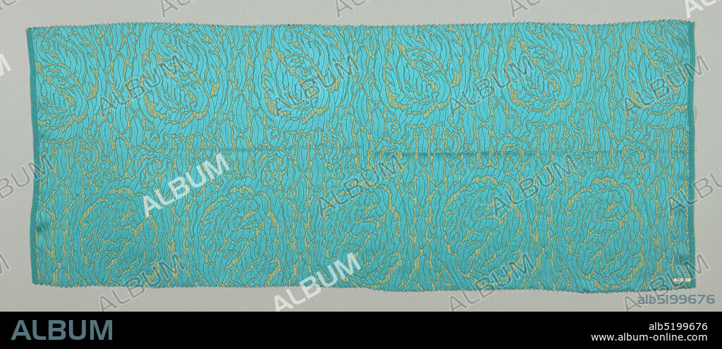Textile, Duplan Silk Corporation, (Hazleton, Pennsylvania, USA), Medium: silk Technique: compound satin weave, Bright blue-green ground with closely-spaced allover highly conventionalized floral medallion design in satin weave against a ground of plain weave combined with supplementary yellow weft., USA, 1920, woven textiles, Textile.
