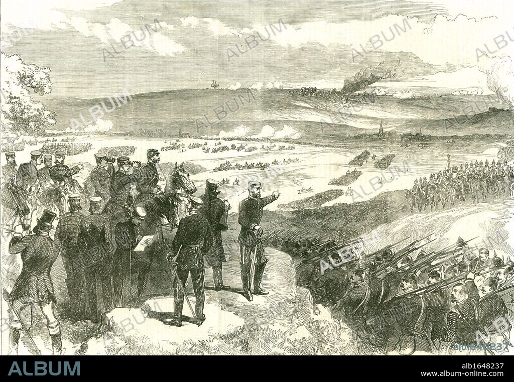 Battle of Sadowa (Sadova, Koniggratz), Bohemia, 3 July 1866, the decisive battle in the Austro - Prussian War. Austria defeated by Prussia. Frederick, Crown Prince of Prussia, looking over the battlefield. From "The Illustrated London News" (London, 18 August 1866).