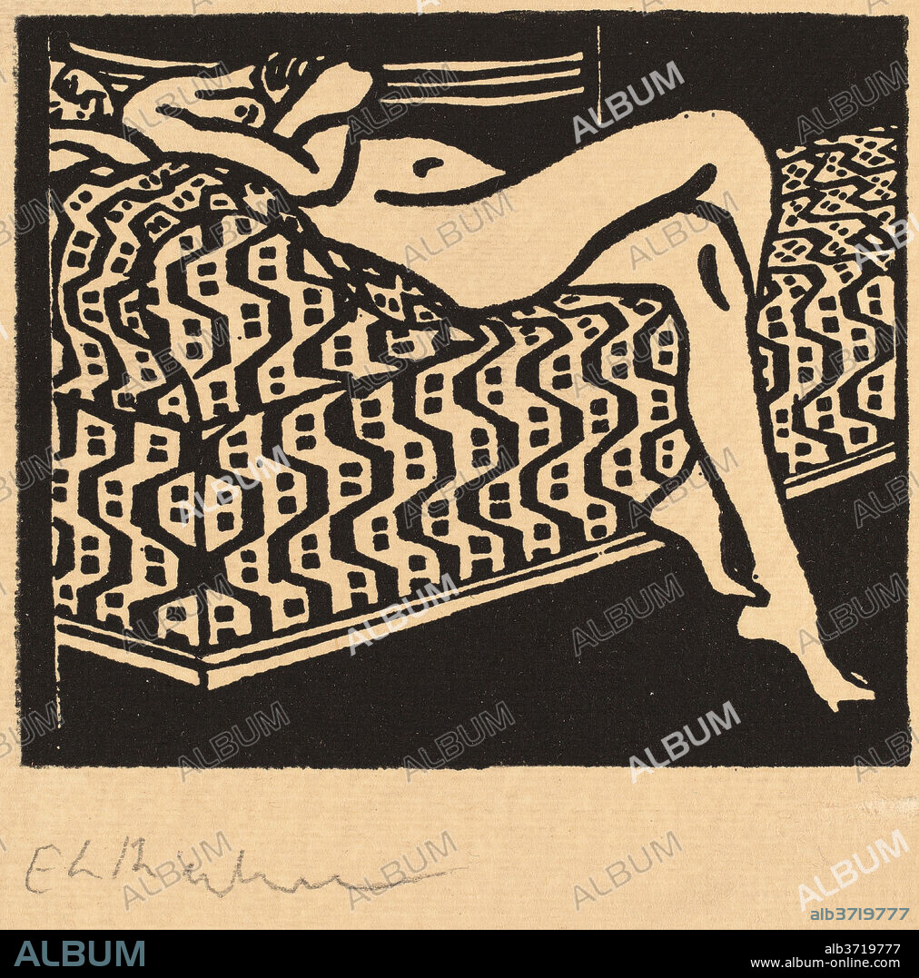 ERNST LUDWIG KIRCHNER. Nude Girl Lying on a Sofa. Dated: 1905. Dimensions: image: 8.3 x 10 cm (3 1/4 x 3 15/16 in.)  sheet: 58 x 22.3 cm (22 13/16 x 8 3/4 in.). Medium: woodcut printed in black.
