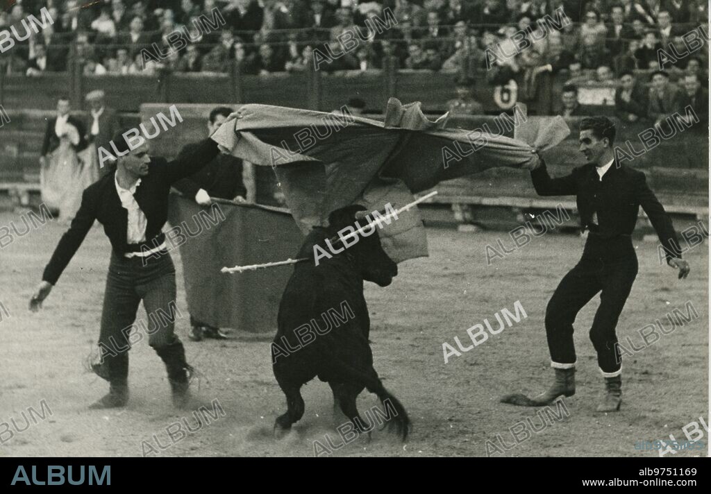 Toledo, 09/11/1959. El gran corredor ciclista «Bahamontes», y el torero Pablo Lozano, toreando «al alimón», durante el festival taurino celebrado en la Plaza de Toros de Toledo para recaudar fondos a beneficio de la Campaña de Navidad.