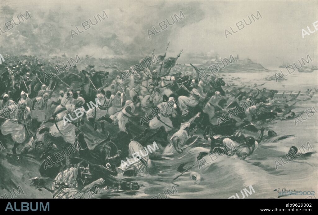 'The Battle of Aboukir', 1799, (1896). The Battle of Abukir (or Aboukir or Abu Qir), 25 July 1799: Napoleon Bonaparte defeated Seid Mustafa Pasha's Ottoman army, during the French campaign in Egypt. Engraving after the drawing by U Checa. From Life of Napoleon Bonaparte, Volume II, by William Milligan Sloane. [The Century Co., Macmillan & Co., Limited, New York & London, 1896].