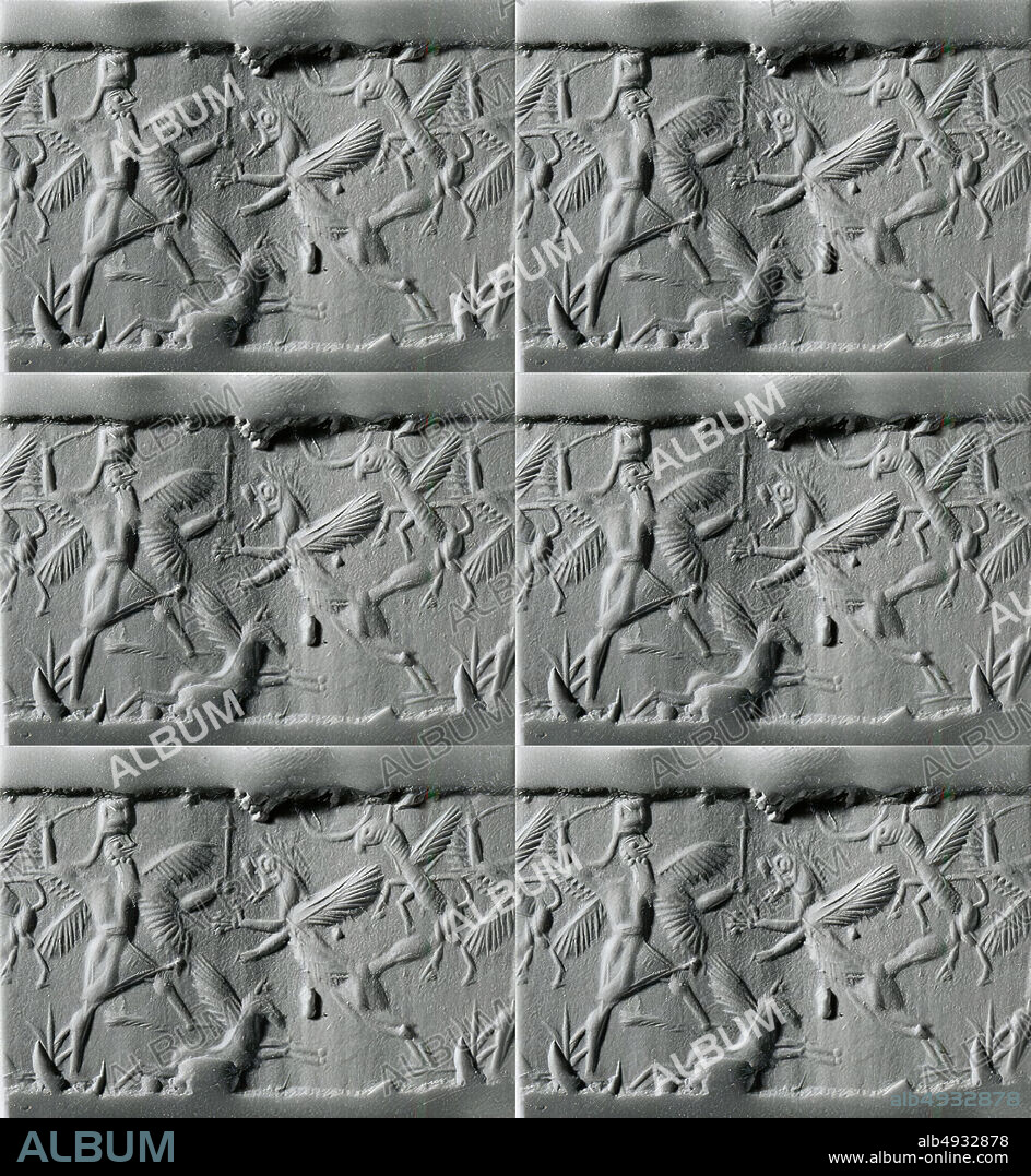 Cylinder seal with two-figure contest scene, Babylonian, Neo-Babylonian, Date 9th-8th century B.C., Mesopotamia, Babylonian, Variegated white and beige Chalcedony (Quartz), 1.34 in. (3.4 cm), Stone-Cylinder Seals.