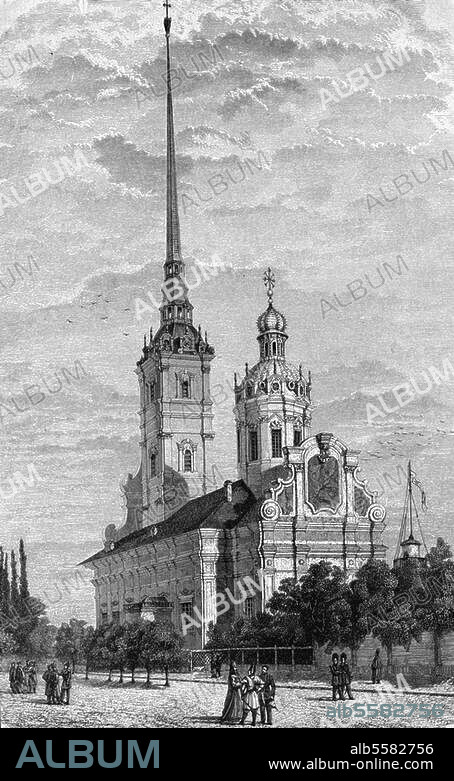 Leningrad, Sowjetunion Peter-Pauls-Kathedrale. (Grabkirche der russischen Zaren, 1714-33 von Trezzini erbaut). Blick auf Fassade, nördliches Seitenschiff und Türme der Kathedrale. Holzstich, um 1850.
