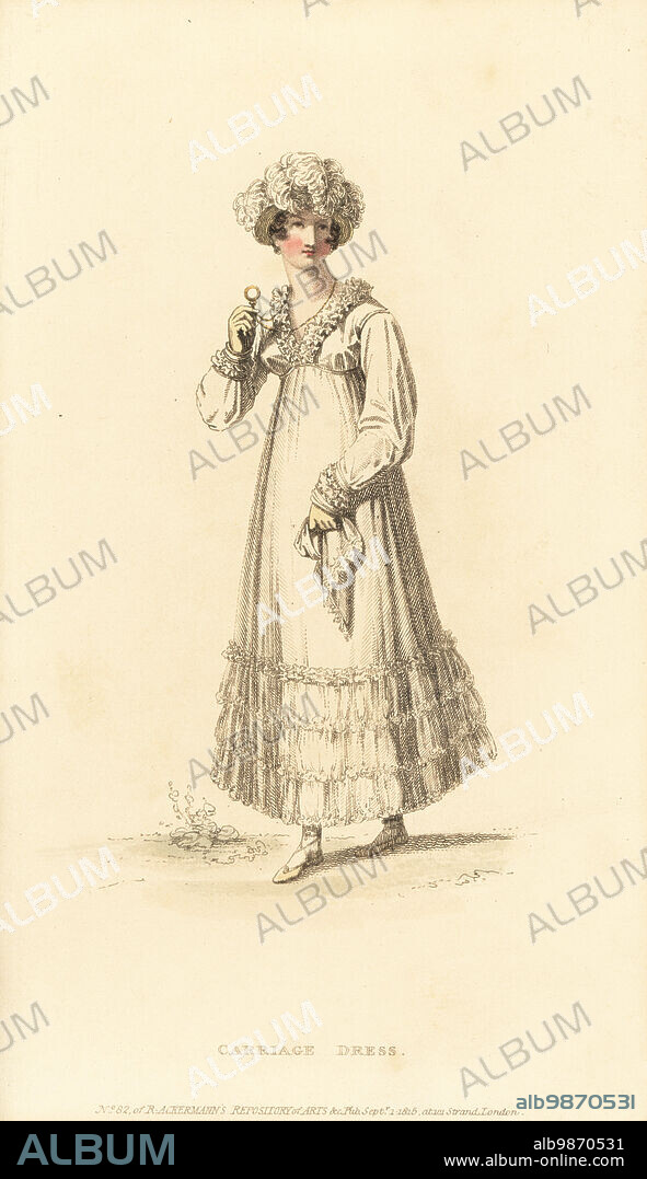 Regency woman in carriage dress with lorgnette. Dress of cambric muslin or jacconot, embroidered borders, plain handkerchief, Anglesea chip hat with ostrich feathers, green kid sandals. Vol. 14, Plate 17, September 1, 1815. Handcoloured copperplate engraving by Thomas Uwins from Rudolph Ackermann's Repository of Arts, Strand, London.
