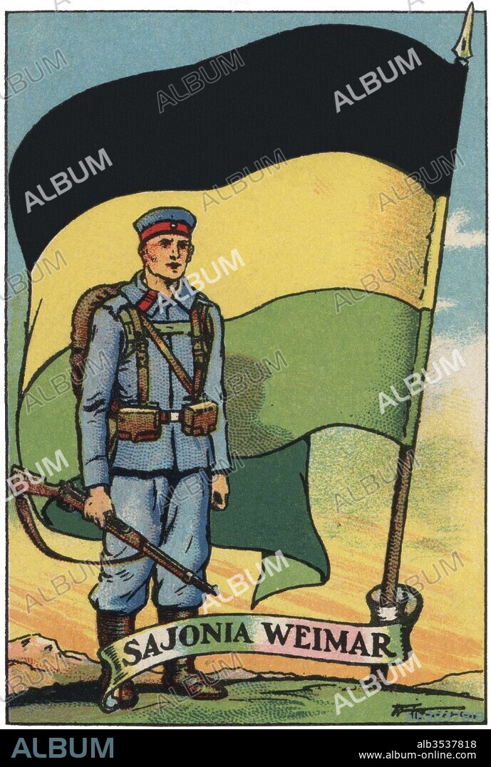 ALBERT MESTRE MORAGAS. Bandera de Sajonia Weimar, república alemana, y soldado de infantería. Colección de cromos Banderas del Universo. Años 1920.