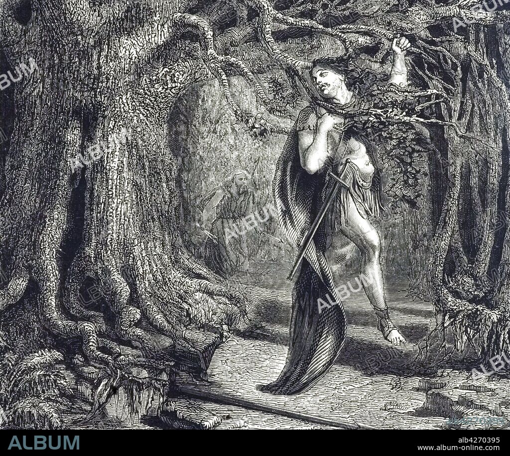 An engraving depicting the Death of Absalom: Joab finds Absalom with his ear entangles in an oak tree and kills him. Absalom was the third son of David, King of Israel with Maacah, who eventually rebelled against his father and was killed during the Battle of Ephraim's Wood. Dated 19th century.