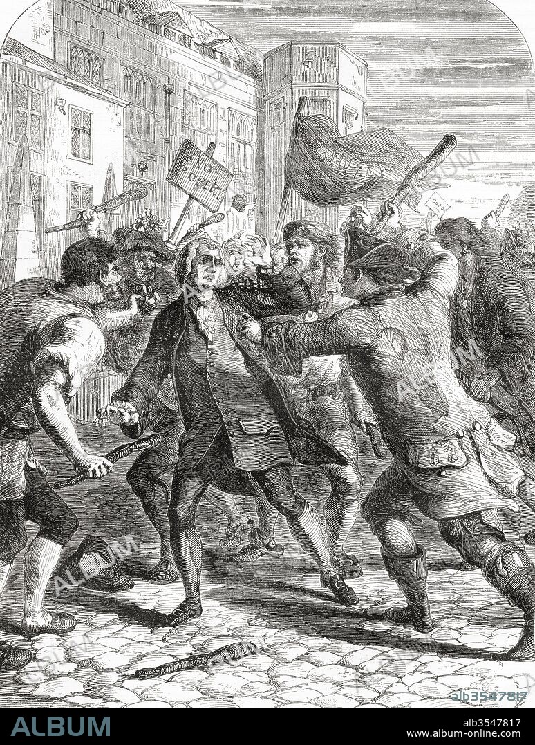 The "No-Popery" rioters attacking members of Parliament in Palace Yard, Westminster, London England during The Gordon Riots of 1780, an anti-Catholic protest in London against the Papists Act of 1778. From Cassell's Illustrated History of England, published 1861.