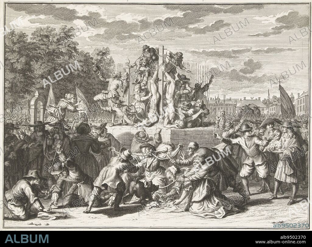 The mutilation of the bodies of the brothers Johan and Cornelis de Witt, 20 August 1672. In the foreground parts of the body are torn up and sold, Mutilation of the bodies of the de Witt brothers, 1672., Bernard Picart, print maker: Bernard Picart, (workshop of), Romeyn de Hooghe, Northern Netherlands, 1728, paper, etching, engraving, h 271 mm × w 357 mm.