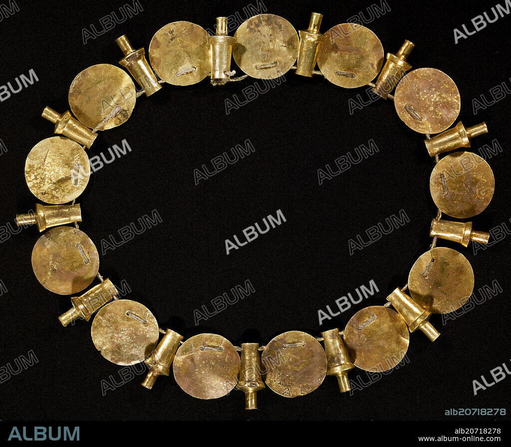 Precolumbian Art. Large Gold Necklace from the Larrea Collection . Inca Gold work. Madrid, Museum of America.