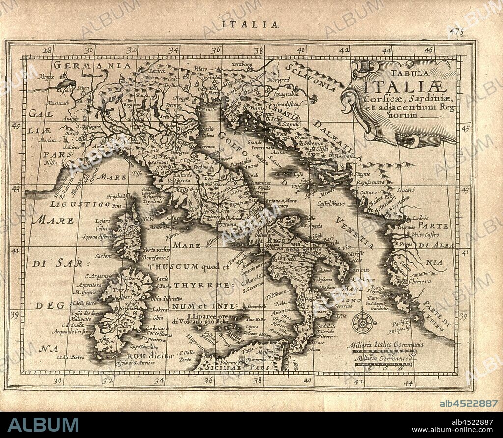 Map of Italy, Corsica, Sardinia, and the adjacent Kingdoms, Map of Italy, Corsica, Sardinia, Croatia, Slovenia and Albania, Fig. 101, p. 475, Gerhard Mercator, Jodocus Hondius, Jansson: Atlas minor Gerardi Mercatoris. Amsterodami: ex officina Ioannis Ianssonii, MDCXXXIIII [1634].