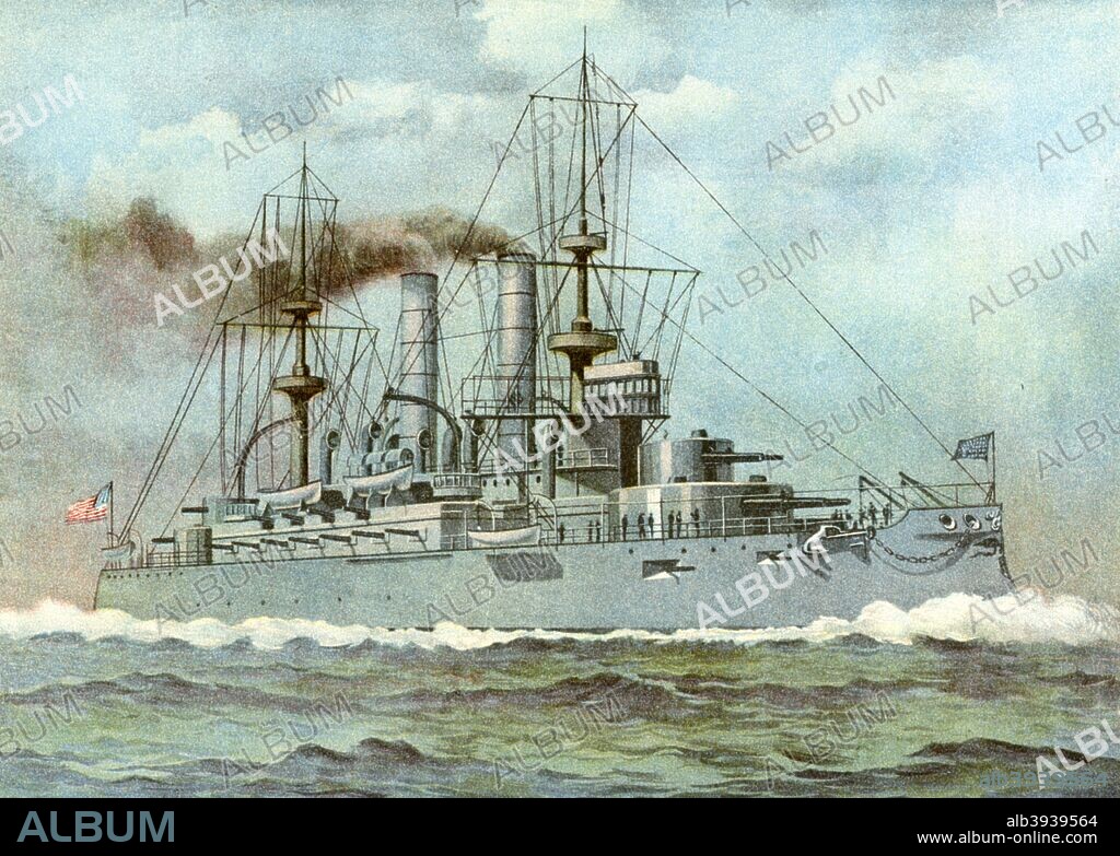 USS 'Kearsarge', American battleship, 1898. The lead ship of her class, 'Kearsarge' was launched in 1898. She served as flagship of the US North Atlantic Fleet and in 1907 sailed with the 'Great White Fleet' of battleships sent on a circumnavigation of the world by President Theodore Roosevelt to show off America's growing sea power. A print from Our Country in War and Relations with All Nations, by Murat Halstead, The United Subscription Book Publishers of America, 1898.