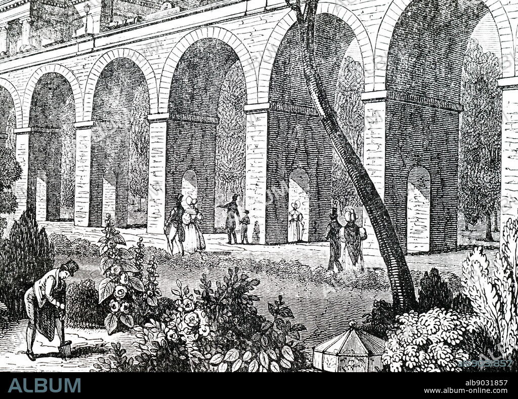 An engraving depicting gardening near the arches of the London and Greenwich Railway, Bermondsey. Note the bell-shaped glass cloches on the left and the different design on the right. Dated 19th century.