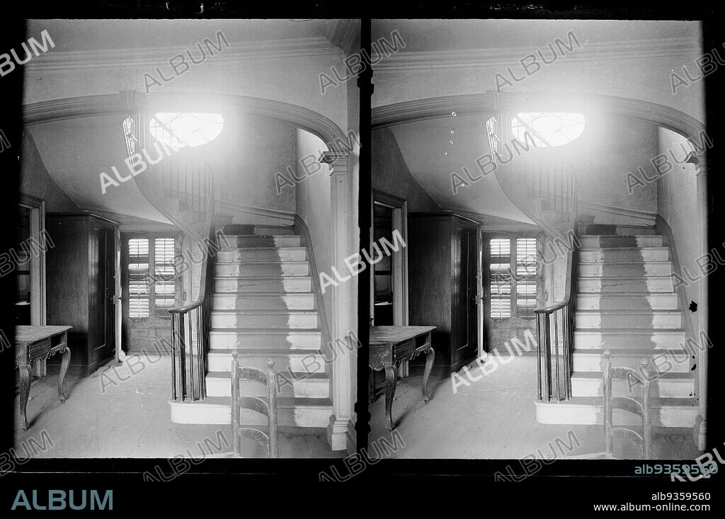 Captain Story-Martense House, Hallway and Stairs, Church Avenue and East 38th Street, Flatbush, Brooklyn, Daniel Berry Austin, American, born 1863, active 1899-1909, Gelatin silver glass dry plate negative, ca. 1899-1909, architecture, banister, Historic Brooklyn, Old Brooklyn, old house, Old New York, oval window, shutters, staircase.