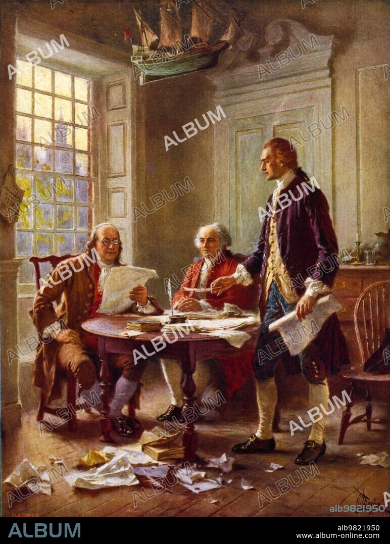 Drafting the Declaration of Independence, 1776. Thomas Jefferson, Benjamin Franklin and John Adams meet in Jefferson's flat at the corner of Seventh and High Streets in Philadelphia to discuss a draft of the Declaration of Independence, Painting by Jean Leon Gerome Ferris, Historic, digitally restored reproduction from a 19th century original