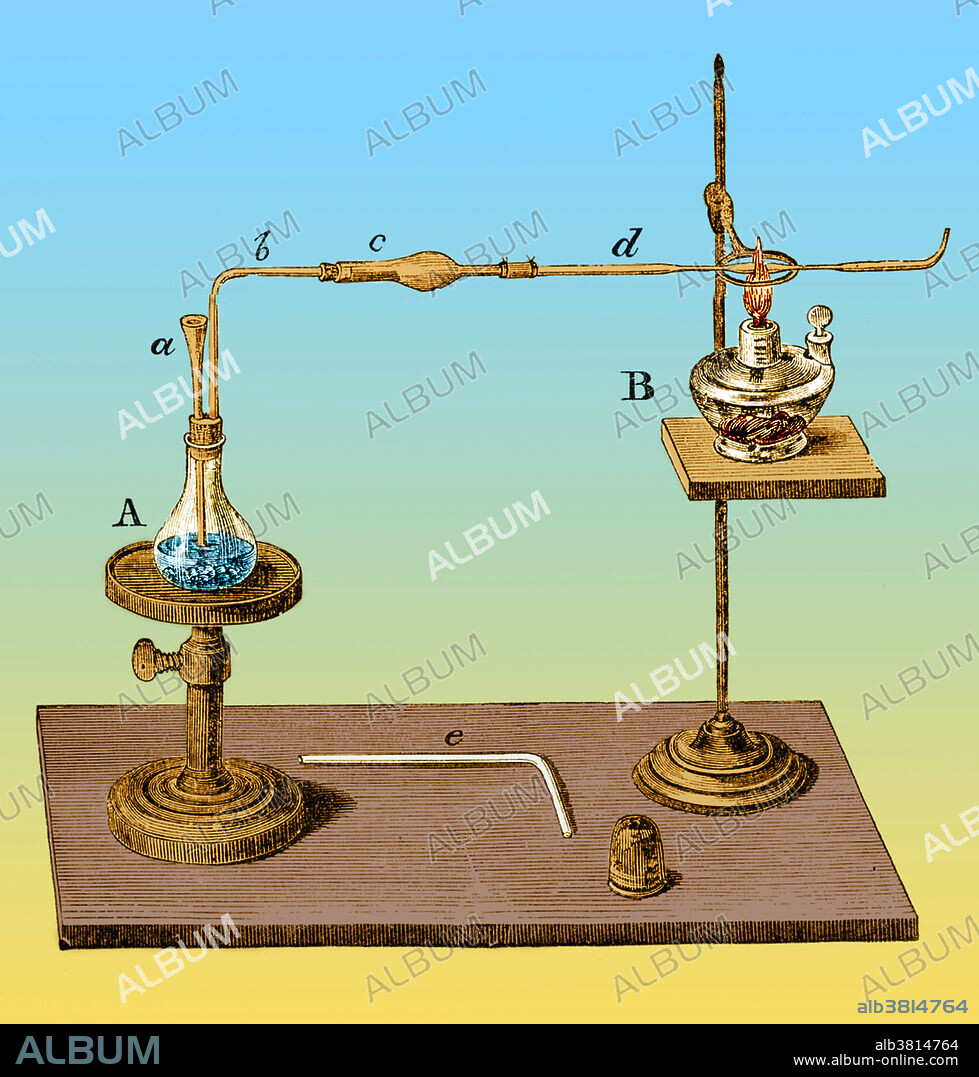 Marsh Test Apparatus, Steel engraving, 1867. The Marsh test is a method for the detection of minute amounts of arsenic in foods (the residue of fruit spray) or in stomach contents. The sample is placed in a flask with arsenic-free zinc and sulfuric acid. Arsine gas (also hydrogen) forms and is led through a drying tube to a hard glass tube in which it is heated. The arsenic is deposited as a mirror just beyond the heated area and on any cold surface held in the burning gas emanating from the jet. Antimony gives a similar test, but the deposit is insoluble in sodium hypochlorite, whereas arsenic will dissolve. The test was named for its inventor, the English chemist James Marsh.