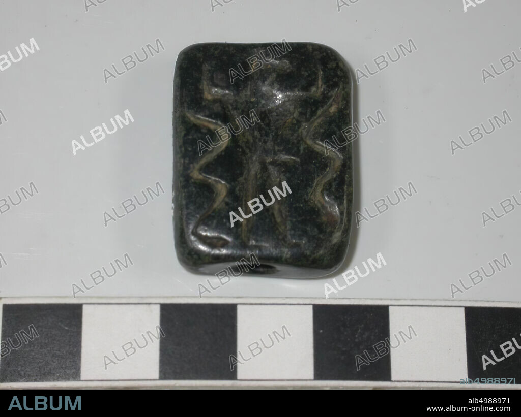 The amulet is rectangular in shape and polished in its entirety. Images are carved on the two largest sides. At first glance the images are not well identifiable. On one of the sides two (probably) snakes and an unidentifiable object are depicted. On the other side you can recognize a standing figure. The amulet is pierced at the ends. The color is dark green and black., Seal, ceremonial object, stone, L 3.1 cm, W 2.3 cm, H 0.9 cm, Chalcolithicum 4250-3750 BC, Iraq ?, Syria?.