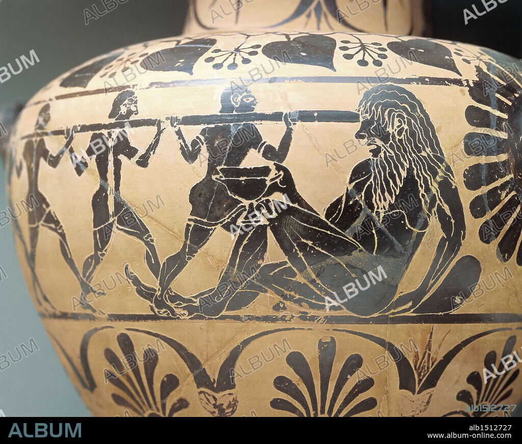 Etruscan civilization, 5th century b.C. Black-figure pottery. Hydria depicting the blinding of Polyphemus. From Cerveteri, Rome. Detail.