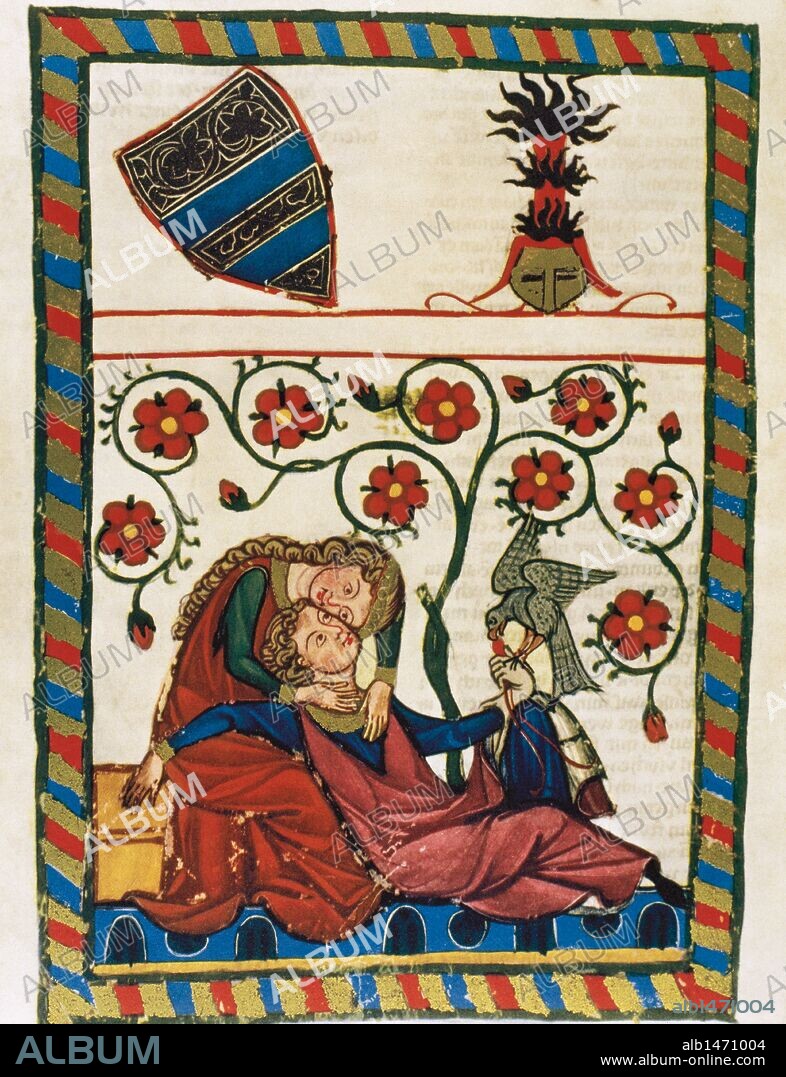 Konrad Von Altstetten, Swiss ministerial rests with his beloved after a whipped hunting. Fol. 249v. Codex Manesse (ca.1300) by Rudiger Manesse and his son Johannes. University of  Heidelberg. Library. Germany.