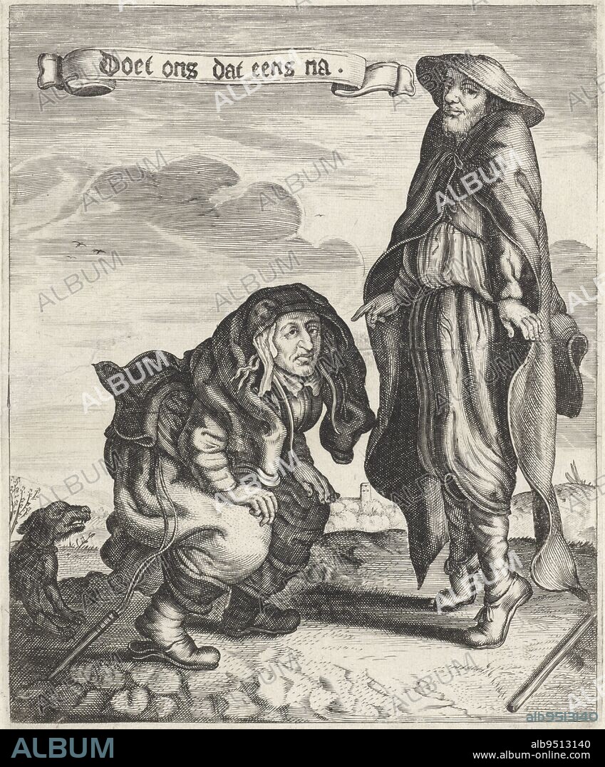 A pair of beggars with the man standing on his toes pointing at his wife who is crouching, Couple of beggars with woman crouching and man on his toes Do us a favor (title on object), Adriaen Pietersz. van de Venne, print maker: anonymous, 1618 - 1668, paper, engraving, h 230 mm × w 189 mm.