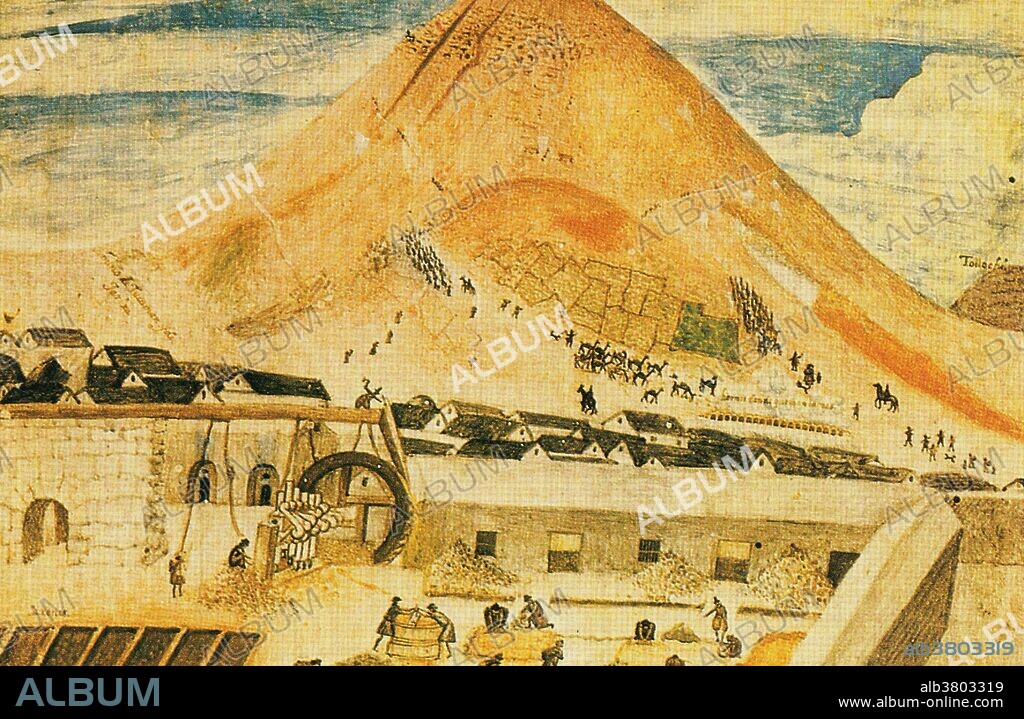 The city of Potosi lies at the foot of the Cerro Rico, or 'rich mountain,' in Bolivia. The mountain was mined for silver from the middle of the 16th century until the end of the 18th century when the region was part of the Spanish empire. The Spanish engineers (in the foreground) used Incan slaves to mine the raw silver ore from the mines sunk into the mountain.