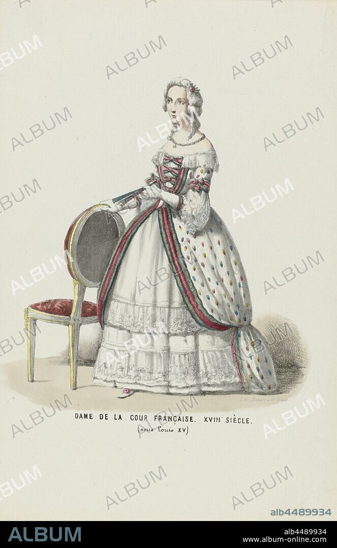 Dame de la Cour Française. XVIII Siècle (sous Louis XV) (title on object), Woman in historical costume of a maid of honor at the French court of Louis XV, 18th century. Added performance to the sheet metal work on the costumed ball held at the palace of the Prince of Orange (the later King William III) in The Hague on 26 February 1845, historical costume, Elias Spanier (mentioned on object), The Hague, 1840 - 1850, paper, h 270 mm × w 180 mm.