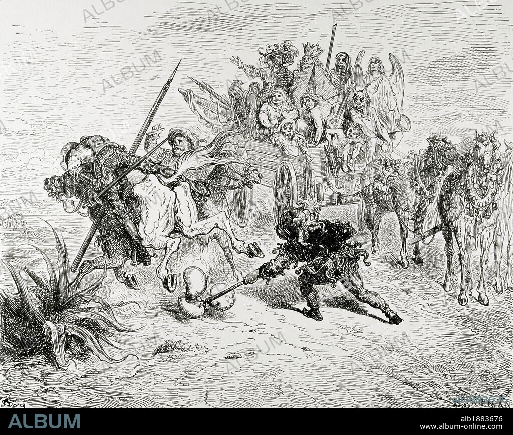 PAUL GUSTAVE DORÉ. Don Quixote by Miguel de Cervantes. Don Quixote meets a traveling theater group. Engraving by Gustave Dore (II, 11). 19th century.