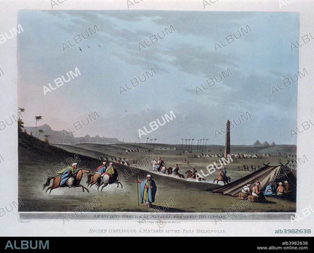 'An Ancient Obelisk at Matarea, Formerly Heliopolis', Egypt, 1801. The oldest standing Ancient Egyptian obelisk in existence, the example at Heliopolis was erected by the 12th Dynasty Pharaoh Senusret I, who ruled from 1971 to 1926 BC. It was one of a pair erected to commemorate the Heb Sed (30th Jubilee) of Senusret. A plate from Views in Egypt. From the collection of the Bibliothèque Nationale de France, Paris.