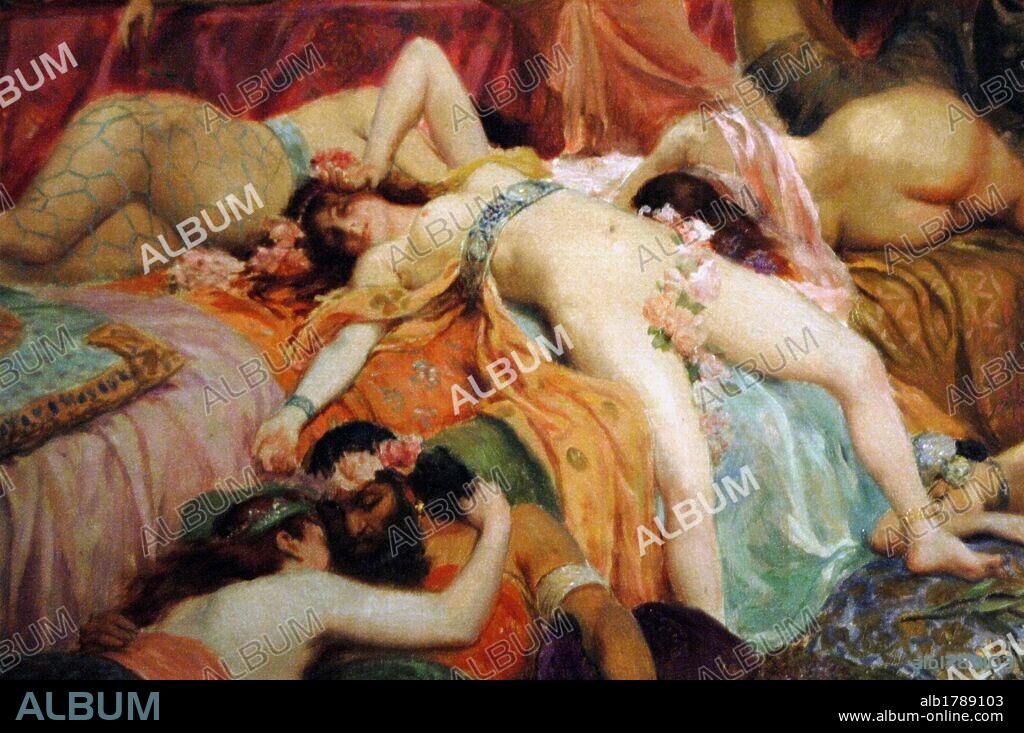 The End of Babylon, circa 1890 by Georges Rochegrosse (1859-1938). French historical and decorative painter. Private Collection. Exposition in Louvre. Paris. France.