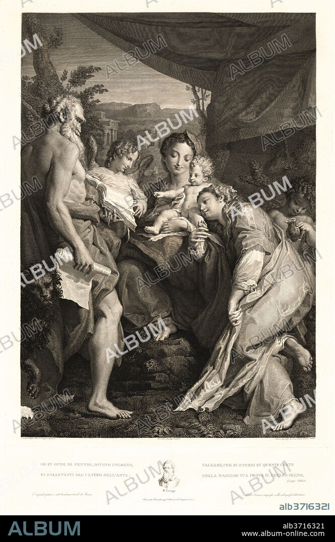 MAURO GANDOLFI, AFTER CORREGGIO. Virgin and Child with Saints Jerome and Catherine and an Angel. Dated: 1826. Medium: engraving, proof before completion and letters.