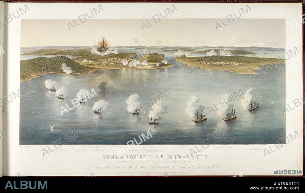 WILLIAM SIMPSON. Bombardment of Bomarsund. AUG 15TH 1854 (HALF PAST 11 O'CLOCK, AM) SKETCHED FROM HMS BULLDOG . Bird's eye view of the battlescene, explosion on the horizon, ships firing cannons at the fortifications. The print is labelled with the English Camp, The Earth Fort Taken on the 8th and now used for Captn Pelham's Battery of Blue Jackets from the Ajax, French Battery, New Fort & Burnt Village, Fort Tzee Blowing Up, Pier, Fort Nottick, Main Fort and Barracks, Fort Prastoe, Island of Prastoe, Leopard Firing at Prastoe Fort, Hecla, Ajax, English Line of Battle Block Ship, Duperre, French Line of Battle Block Ship, Edinburgh, English Line of Battle Block Ship, Darein, French Screw Frigate, Amphion, English Screw Frigate, Phelegethon, French Screw Steamer, Valorous, English Paddle Steamer, Driver English Paddle Steamer, and Bulldog Paddle Steamer, Admiral Sir Charles Napier on Board Flag Ship. A Series of 23 coloured lithographic views, representing the principal events during the Russian War, by W Simpson and others, from sketches by E T Dolby and other artists. London, 1854, 55. Crimean war. Source: 1899.b.3 plate 4.