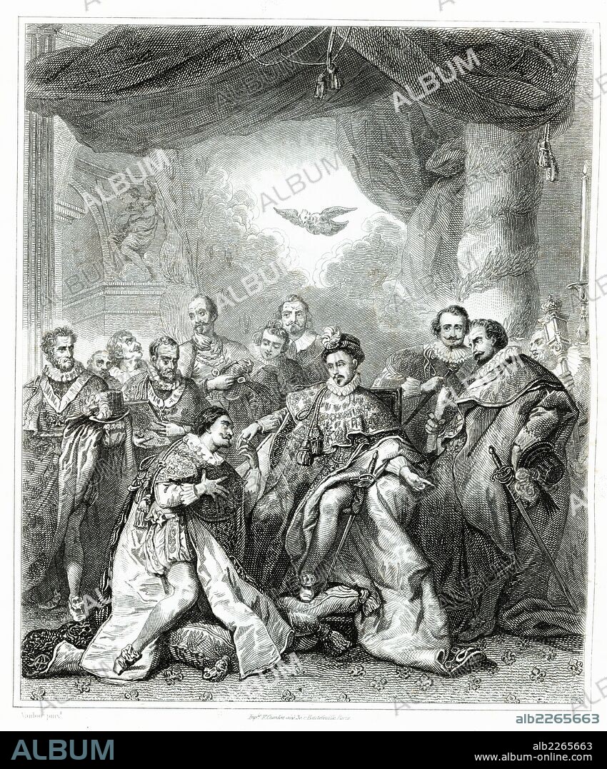 Francia. Institución de la Orden del Espíritu Santo el 1 de enero de 1579 por el rey Enrique III. Grabado de 1853.