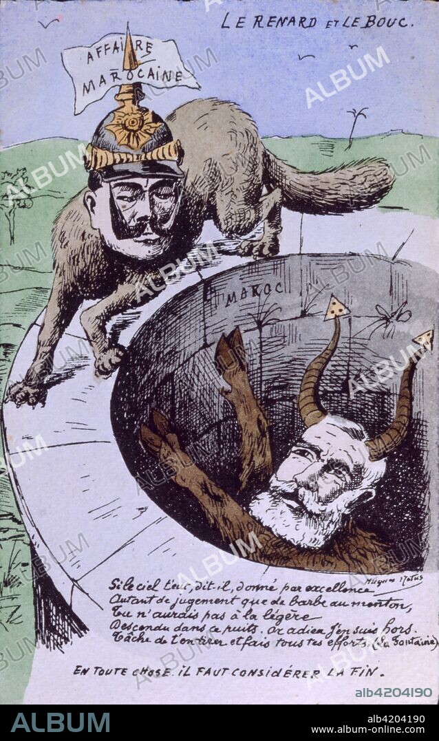 French satirical postcard 1906. Depicting the protagonists of the Algeciras Conference. It caricatures Emile Loubet. President of France (1899–1906). and German emperor Wilhelm II (1859-1941). The Algeciras Conference of 1906 took place in Algeciras. Spain. and lasted from 16 January to 7 April. The purpose of the conference was to find a solution to the First Moroccan Crisis of 1905 between France and Germany. which arose as Germany responded to France's effort to establish a protectorate over the independent state of Morocco.