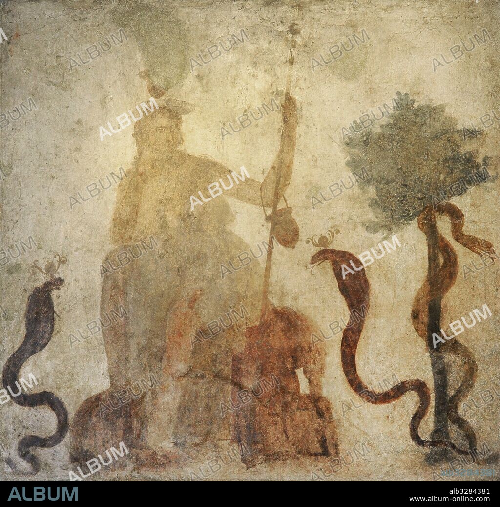 Pintura romana. Representación de Osiris-Serapis sentado en el trono entre cobras junto a un sicomoro con serpiente. Muro oeste. Templo de Isis. Museo Arqueológico Nacional. Nápoles. Italia.