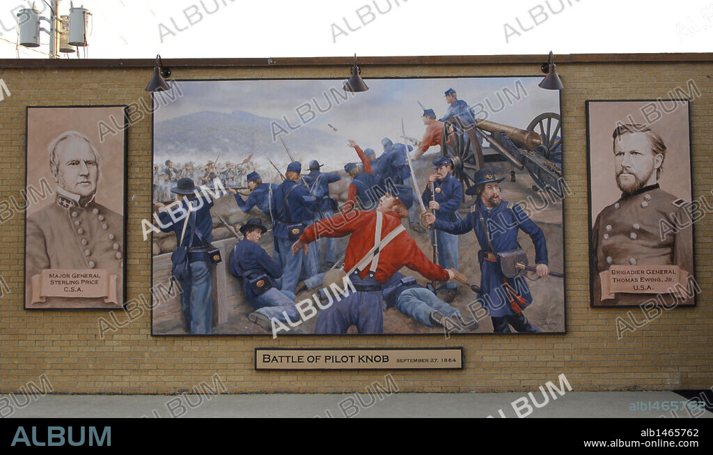 DON GRAY (B.1948). AMERICAN ARTIST.. Guerra de Secesión Americana (1861-1865). Batalla de Pilot Knob (27 de septiembre de 1864). Mural en la localidad sobre la Guerra Civil Norteamericana, obra de Don Gray (n.1948). A la izquierda, retrato de Sterling Price (1809-1867), general de la Confederación. A la derecha, Thomas Ewing Jr. (1829-1896), del ejército de la Unión. Serie de murales que representan escenas históricas de temáticas tanto locales como nacionales. Cuba. Estado de Misuri. Estados Unidos.