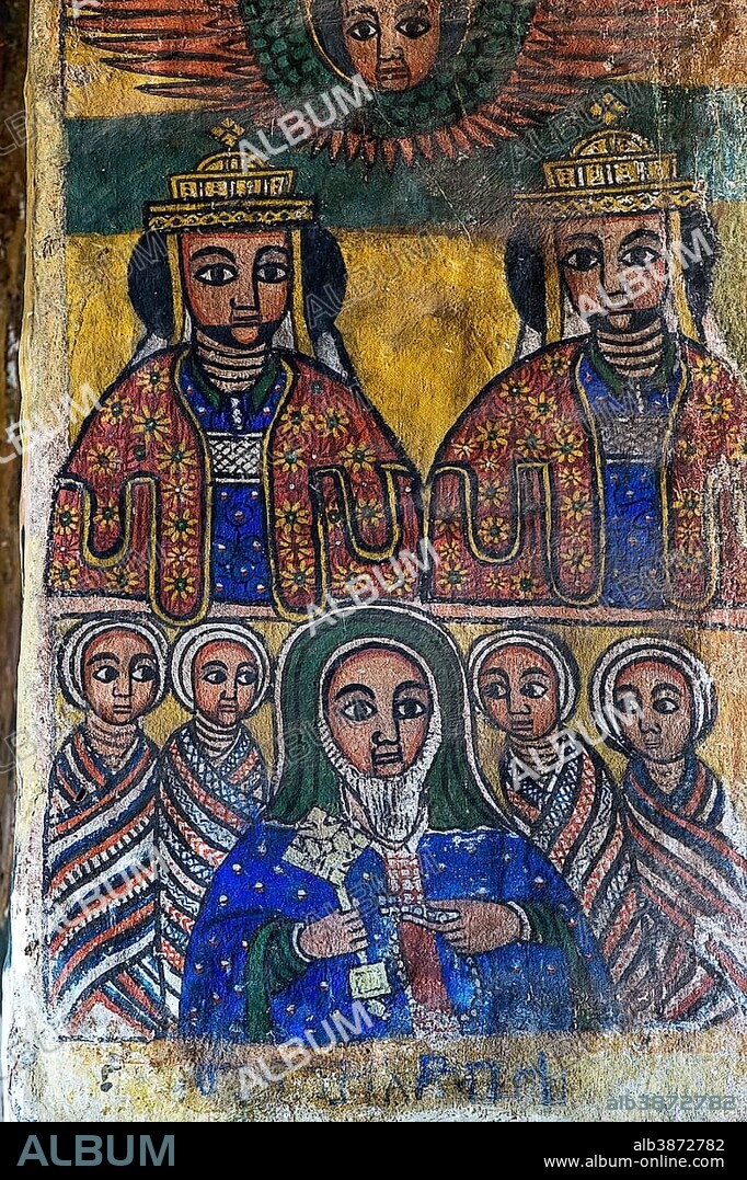 The two royal brothers Abreha and Atsbeha (Ezana and Saizana), untenå Abba Salama (Frumentius), Canvas paintings in the Orthodox Church Abreha wa Atsbaha, Gheralta Region, Tigray, Ethiopia