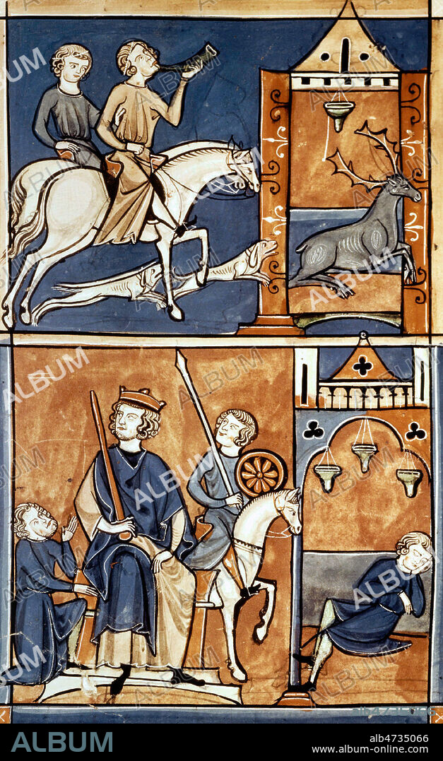 En haut, le roi DAGOBERT 1ER a la chasse au cerf, en dessous, a la cour du roi. Vie et miracles de St Denis Ecclésiastique Italien et patron saint de France. Manuscrit medieval 13eme siecle. Credit MUSEUM IMAGES/KHARBINE TAPABOR - 20040901_1384.