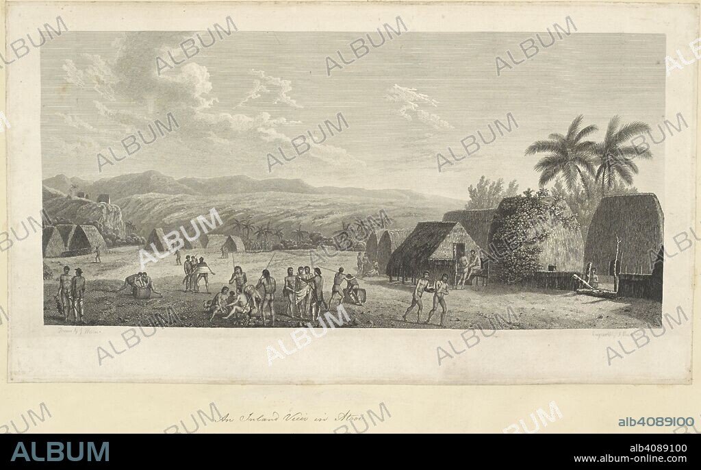 An inland view, in Atooi. Drawn by John Webber and engraved by Samuel Middiman. The drawing depicts Cook's visit to the village of Waimea on Kauai (Atooi). Some men are rolling barrels, others bartering with Hawaiians. At the right, two natives are carrying a pig strung to a pole. Behind them are many native dwellings, and a panoramic view of the interior. A collection of drawings by A. Buchan, S. Parkinson, and J. F. Miller, made in the Countries visited by Captain James Cook in his First Voyage [1768-1771], also of prints published in John Hawksworth's Voyages of Biron [Byron], Wallis, and Cook [1773], as well as in Cook's second and third Voyages [1772-1775, 1776-1780]. 1768-1780. Captain Cook's third voyage. Source: Add.23921 f.68.