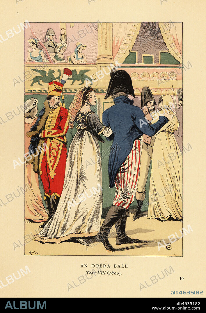 Fashionable guests at a masquerade ball, 1800. Woman in medival headdress, man in hussar uniform, man in striped breeches and bicorn, woman in mask and hooded habit. An opera ball, Year VIII, 1800. Handcoloured lithograph by R.V. after an illustration by Francois Courboin from Octave Uzannes Fashion in Paris, William Heinemann, London, 1898.