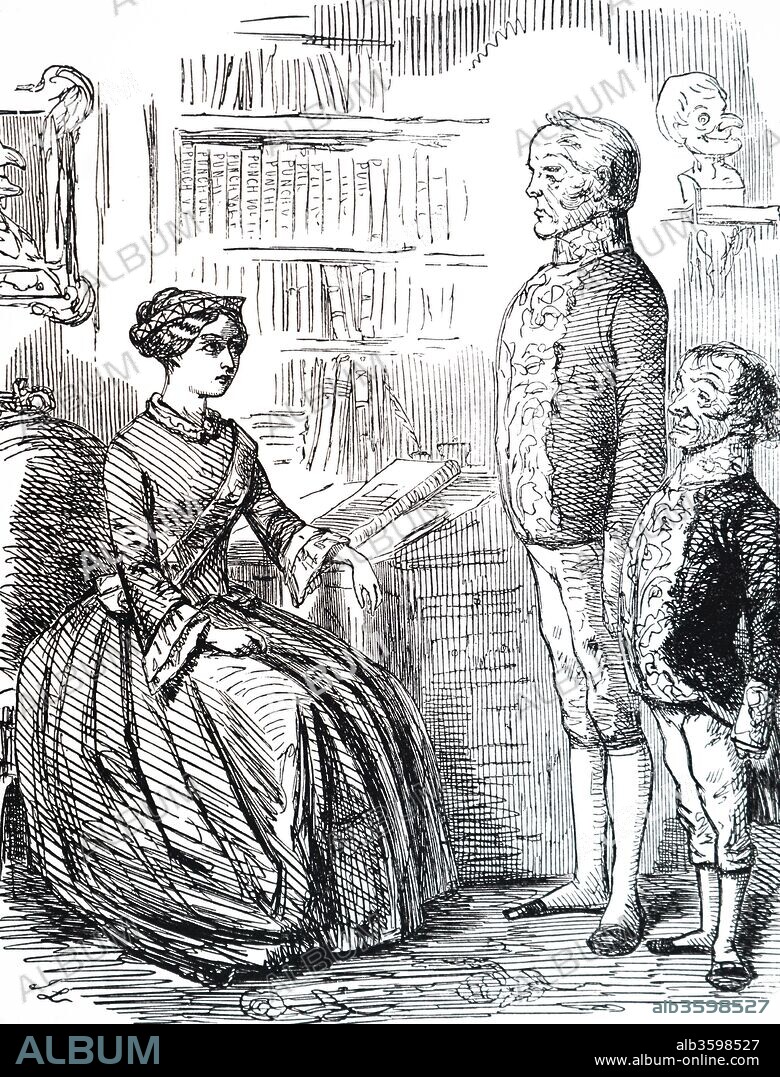 Cartoon depicting Henry John Temple, 3rd Viscount Palmerston handing Queen Victoria his resignation. Palmerston was forced to resign on the grounds that he had exceeded is authority. Lord John Russell (right) stayed in office as Prime Minister. Henry John Temple, 3rd Viscount Palmerston (1784-1865) a British statesman and former Prime Minister of the United Kingdom. John Russell, 1st Earl Russell (1792-1878) leading Whig and Liberal politician and former Prime Minister of the United Kingdom.  Illustrated by John Leech (1817-1864) an English caricaturist and illustrator. Dated 19th century.